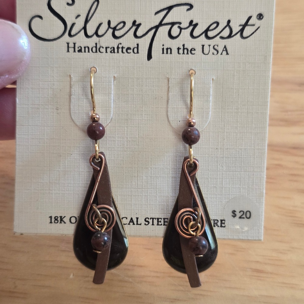 Silver Forest Drop Earrings Women OS Brown NWT Handcrafted 18K Gold Wire Boho